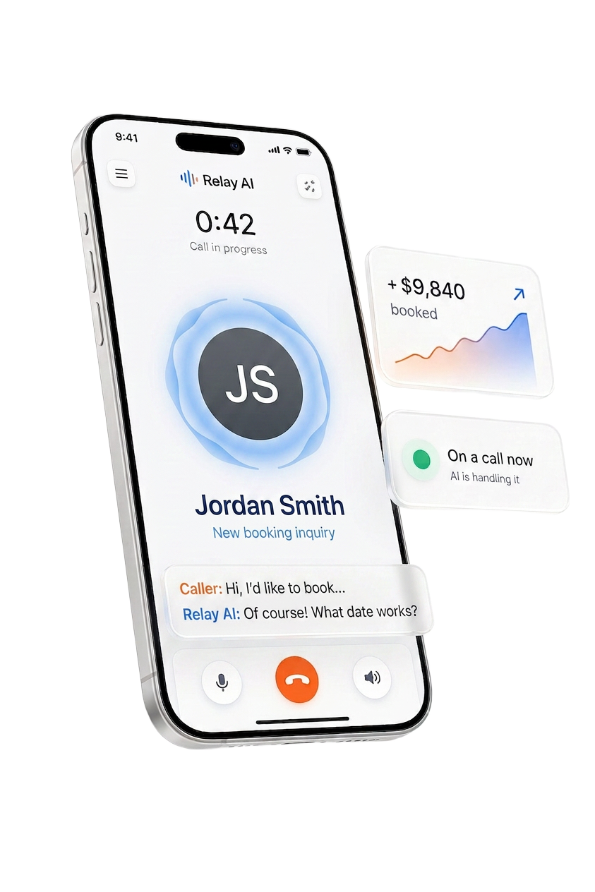 Relay AI answering a call on a 3D smartphone